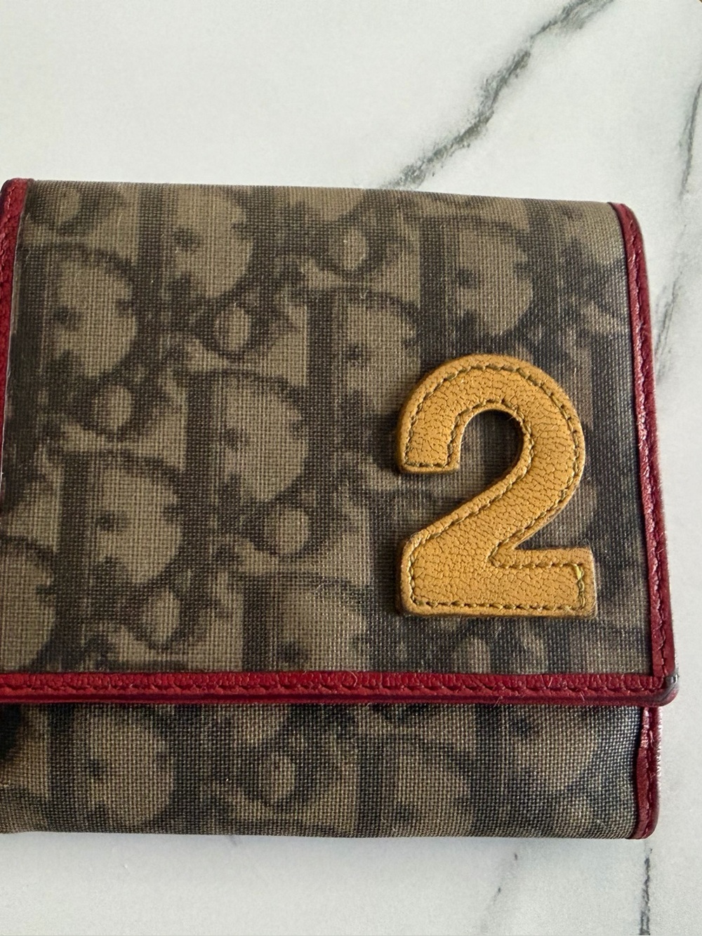 Christian Dior vintage Brown Monogram Wallet with Red Trim and Mustard Patch